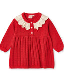 Red pointelle knit long sleeve baby dress with cream scalloped collar by Flöss, Holiday Dresses at Rama Baby