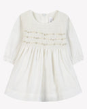 Ivory smocked long sleeve baby dress with gold embroidery by Tartine et Chocolat, Special Occasion for Girls at Rama Baby