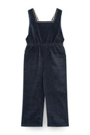 Navy corduroy overalls with square neckline and embroidered pink and cream trim, flat lay on white background