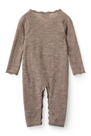 Back view flat lay of taupe pointelle knit kimono jumpsuit with scalloped hem and cuffs on white background