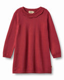 Cherry red knit dress with ruffled collar, flat lay