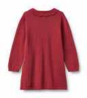 Cherry red knit dress with ruffled collar, back view flat lay