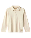 Off white long sleeve polo shirt with button placket and collar, flat lay on white background