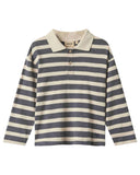 Long sleeve polo shirt with grey and oatmeal stripes, knit collar and wood buttons, flat lay