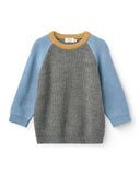 Children's sweater with blue sleeves and gray body on a white background