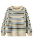 Cream sweater with blue and olive jacquard stripe pattern, crew neck, flat lay on white background