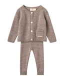 Natural melange merino wool cardigan and pants set with button front and patch pocket, flat lay