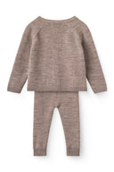 Natural melange merino wool cardigan and pants set, back view flat lay