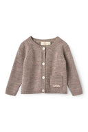 Natural melange merino wool cardigan with button front and patch pocket, flat lay