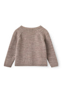 Natural melange merino wool cardigan, back view flat lay
