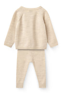 Cream melange merino wool cardigan and pants set, back view flat lay