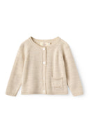 Cream melange merino wool cardigan with button front and patch pocket, flat lay