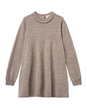 Brown long-sleeve dress with a ruffled collar on a white background