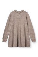 Brown melange knit dress with button back placket and scalloped collar, flat lay from behind on white background