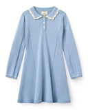 Light blue dress with a white collar on a white background