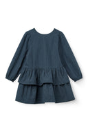 Navy plaid dress back view with round neckline and tiered ruffle skirt, flat lay