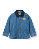 Blue denim jacket with a black collar on a white background