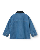 Blue denim jacket with black collar on a white background