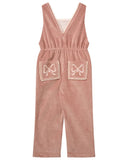 Pink corduroy overalls with embroidered bow pockets and square neckline, flat lay from behind on white background