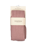 Dusty mauve pointelle knit tights folded in MarMar Copenhagen packaging, size 4Y 5Y
