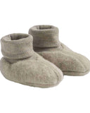 Pair of khaki melange fleece baby booties with ribbed knit cuffs