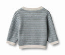 Blue grey melange knit cardigan with wood buttons and cream trim, flat lay