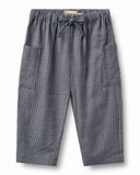 Blue striped pants with a drawstring on a white background