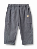 Grey pinstripe baby trousers back view with elastic waist, side pocket and Wheat label patch, flat lay