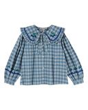 Blue and white carreaux celestine plaid blouse with flat embroidered collar, additional view