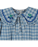 Blue and white carreaux celestine plaid blouse with flat embroidered collar, additional view