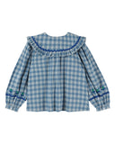 Blue and white carreaux celestine plaid blouse with flat embroidered collar, additional view