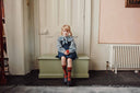 Blue and white plaid baby blouse with embroidered flat collar, lifestyle photo