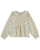 Cream scarlet block print blouse with smocked chest, additional view