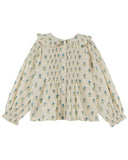 Cream scarlet block print blouse with smocked chest, additional view