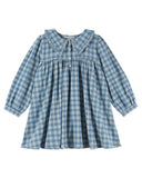 Blue and white check baby dress with ruffle collar, additional angle