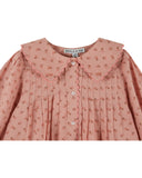 Dusty pink floral rosemary print dress with button front and ruffle collar, additional view