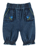 Mid wash denim pants with embroidered pockets and sarouel cut, additional view