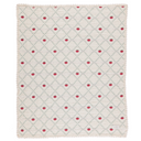 Cream baby blanket laid flat with sage diamond lattice pattern and scattered red apple embroidery, scalloped lace edge trim, on white background
