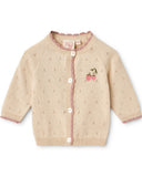 Soft white pointelle knit cardigan with strawberry embroidery and pink scalloped trim, flat lay
