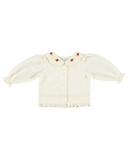 Cream lace blouse with red rose embroidered collar and heart eyelet detail, flat lay baby size
