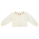 Cream lace blouse with red rose embroidered collar and ruffle hem, flat lay toddler size