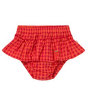 A pair of red and pink gingham check ruffled swim briefs for toddlers, shown flat against a plain white background.