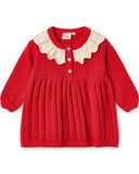 Red knit dress with cream scalloped collar and heart shaped buttons, glitter lurex thread, flat lay