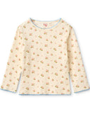 Cream long sleeve blouse with soft pink floral print and blue scalloped trim, flat lay