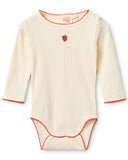 Cream pointelle knit baby bodysuit with red scalloped trim and strawberry embroidery, flat lay on white background