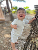 Boys Bermuda Shorts, Carolina in Misty Blue Stripes