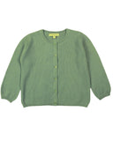 A sage green knit cardigan sweater with long sleeves and a button-up front, laid flat against a white background.