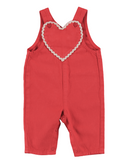 Baby overall flat lay, rust red with cream ric rac trimmed heart bib detail, sleeveless silhouette with button straps