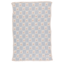 Rocking horse embroidered baby blanket in blue and cream patchwork, shown fully unfolded flat lay