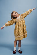 Girl smiling with arms outstretched wearing golden green check dress, studio portrait on blue background
